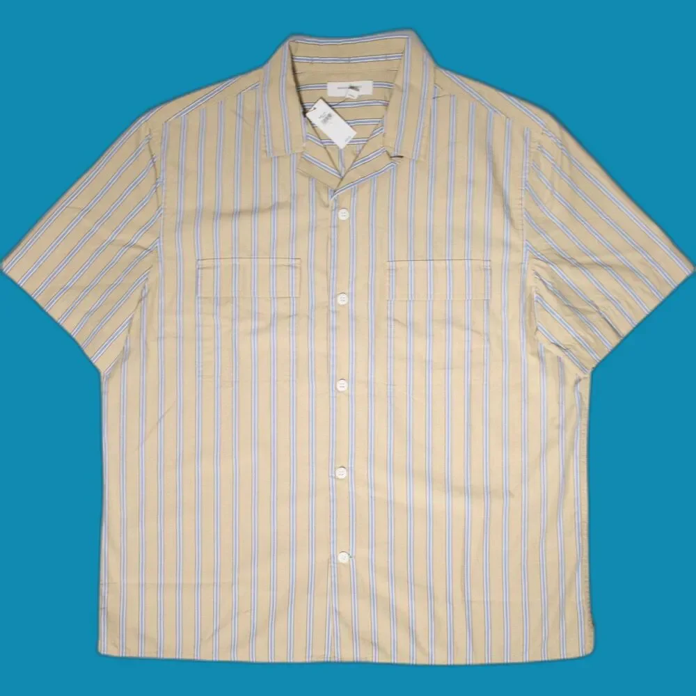 NWT $70 Banana Republic Light Beige Blue Stripe Button Up Camp Shirt Men Size L